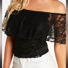 Cute Black Lace Off-The-Shoulder Lined Top. Nylon Shell/Viscose Lining Brand New With Tags Attached. No Flaws Noted. Measurements Laid Flat: Pit To Pit - 17” Length - 17” Black Off-shoulder Top For Summer, Black Off-shoulder Top For Summer Party, Chic Black Off-shoulder Short Sleeve Top, Chic Black Off-shoulder Top With Short Sleeves, Lace Off Shoulder Top, Baby Crop Top, Lace Short Sleeve Top, Hollister California, Backless Design