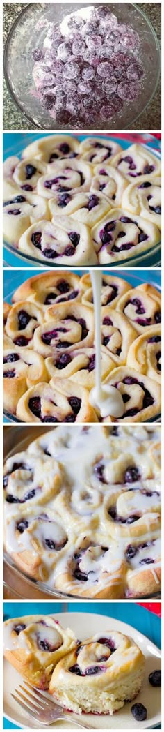 blueberry cinnamon rolls with icing on top and in the middle, ready to be baked