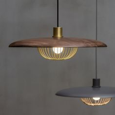 two pendant lights hanging from the ceiling in an industrial style room with grey walls and wooden flooring