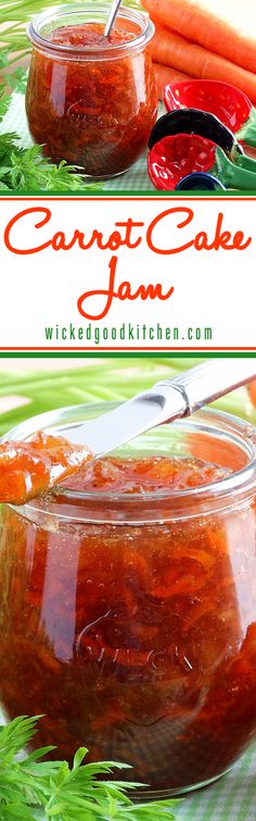 carrot cake jam in a glass jar on a green tablecloth with carrots behind it