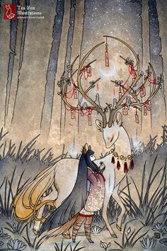 an illustration of a woman and a deer in the woods with lights hanging from their antlers