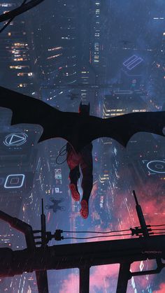 a man flying through the air on top of a bat shaped structure in a city at night