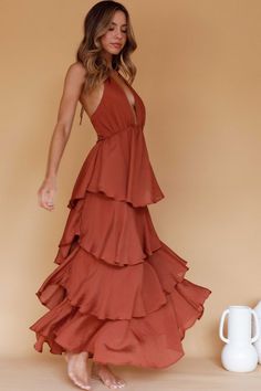 Catalina Tiered Ruffle Maxi Dress Cocoa by Selfie Leslie Terracotta Dress, Birthday Soiree, Clothing Aesthetic, Looks Country, Yellow Bridesmaids, Ruffle Maxi Dress, Blue Bridesmaids, Guest Dress, Date Night Dresses