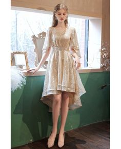 Buy vneck gold sequins high low sparkly party dress with dolman sleeves at wholesale price online. Free shipping and pro custom service since 2009.