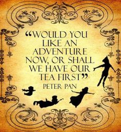 peter pan quote with silhouettes of people flying in the air and on top of an ornate