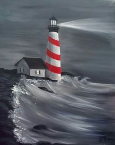 an oil painting of a lighthouse in the middle of water with waves crashing around it