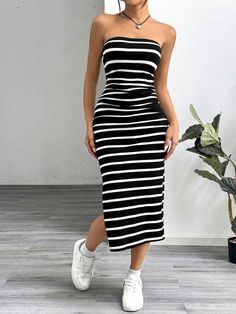 Women Black And White Striped Knitted Strapless Bodycon Dress Black and White Casual  Sleeveless Knitted Fabric Colorblock,Striped Bodycon High Stretch  Women Clothing, size features are:Bust: ,Length: ,Sleeve Length: Black Stretch Bandeau Bodycon Dress, Casual Black Strapless Spring Dress, Casual Black Strapless Dress For Spring, Black Strapless Casual Dress For Spring, Casual Strapless Bodycon Dress, Black Strapless Bodycon Mini Dress, Black Bandeau Strapless Dress, Black Strapless Bandeau Bodycon Dress, Black Strapless Bodycon Dress For Spring