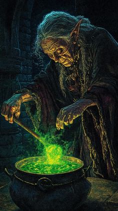 an old man is stirring some green liquid in a cauldle with a wooden spoon