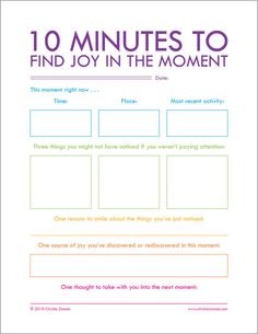 the 10 minutes to find joy in the moment activity sheet with text on white background