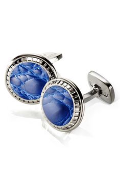 Gator-leather inlays add exotic edge to sharp cuff links formed from lustrous steel. Stainless steel/alligator leather. By M-Clip; imported. Men's Furnishings. Classic Interchangeable Jewelry For Formal Occasions, Modern Blue Leather Jewelry, Classic Blue Cufflinks With Polished Finish, Luxury Blue Cuff Jewelry, Modern Leather Jewelry For Formal Occasions, Elegant Leather Business Jewelry, Elegant Blue Leather Jewelry, Modern Formal Leather Jewelry, Formal Leather Jewelry With Polished Finish