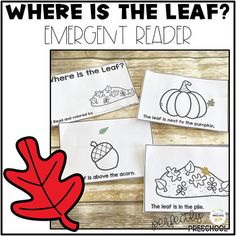 the emergent reader for fall is shown with an image of leaves and acorns