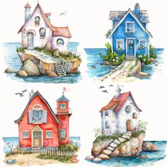 four watercolor houses are shown in three different styles and colors, one is blue, the other red