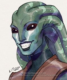 a drawing of an alien with blue hair and green skin, smiling at the camera