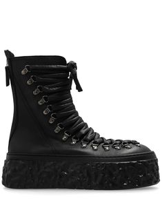 black leather front lace-up fastening rivet detailing round toe rear zip fastening chunky textured rubber sole Leather Boots Black, Chanel 2, Iconic Bags, Summer Beach Wear, Flat Boots, Ballet Flat Shoes, Ski Wear, Pump Sandals, Black Leather Boots