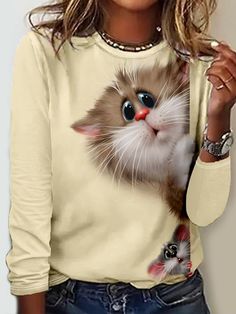 Women's Crew Neck Casual Funny Cat Long Sleeve Shirt Sleeves Name, Fall Cat, Casual Trench Coat, Fall Cats, Casual Kimono, Dropped Shoulder Sweatshirt, Trendy Blouses, Clothing Catalog, Leopard Print Top