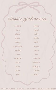 a pink poster with the words classic girl names written in english and spanish on it