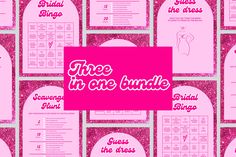 the three in one bundle is shown with pink glitters and white text on it