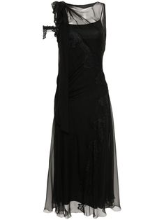 black silk organza semi-sheer construction round neck cut-out detailing floral-lace detailing sleeveless ruched detailing internal slip dress mid-length straight hem rear tie fastening Silk Midi Dress With Lace Trim For Party, Elegant Evening Lace Dress With Sheer Back, Sheer Lace Evening Dress, Elegant Sheer Lace Evening Dress, Sheer Silk Midi Dress For Formal Occasions, Sheer Knee-length Midi Dress For Formal Occasions, Elegant Sheer Sleeveless Lace Dress, Formal Sheer Silk Midi Dress, Black Silk Chiffon Evening Dress For Party