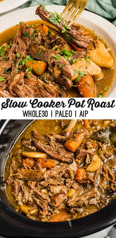 slow cooker pot roast with whole 30 palen potatoes and carrots in it