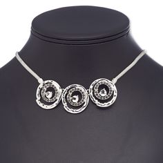 Ready-to-wear jewelry is great for counter sales or giving as a gift. Silver-plated brass, steel and "pewter" (zinc-based alloy) necklace features three round focals with black and clear rhinestones. Party Jewelry With Adjustable Chain In Gunmetal, Party Jewelry With Adjustable Gunmetal Chain, Adjustable Oxidized Metal Jewelry, Gunmetal Jewelry With Adjustable Chain For Party, Adjustable Gunmetal Necklaces For Party, Adjustable Gunmetal Necklace For Party, Silver Metal Party Jewelry, Gunmetal Party Jewelry, Silver Crystal Round Pendant Necklace