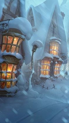 a snow covered village with lots of windows and lights in the middle of it's wintery landscape