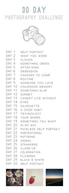 the 30 day photography challenge is shown with pictures and words on it, including an apple