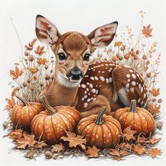 a painting of a baby deer laying on top of pumpkins