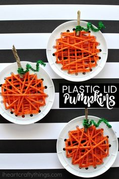 three plates with carrots on them and the words plastic lid pumpkins