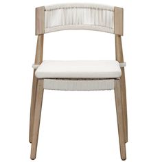 a wooden chair with white upholstered fabric on the seat and back, against a white background