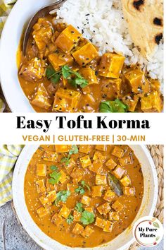 easy tofu korma recipe in a white bowl with rice and garnish