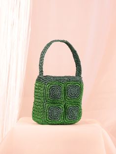 DESCRIPTION An OG Suryo style standing the test of time (and trends). The Suryo Little Green Bag is a hand-crocheted metallic green bag. Made of metallic rope it features an internal zip pocket and signature Suryo lining. COLOUR Green (Think fresh green grass) COMPOSITION Body: 100% metallic rope - Lining: 100% cotton - Hardare: Gold plated press-button closure. SIZE AND FIT H: 58cm with Handle W: 28cm D: 24cm SHIPPING Shipping fees are based on the total weight of the order and the shipping zon Green Woven Shoulder Bucket Bag, Green Crochet Top Handle Bag For Everyday, Everyday Green Crochet Top Handle Bag, Green Pouch Bag With Braided Handles, Green Crochet Top Handle Bag With Braided Handles, Green Crochet Bucket Bag With Braided Handles, Green Woven Rectangular Bucket Bag, Green Crochet Pouch Bag For Daily Use, Green Square Crochet Bag