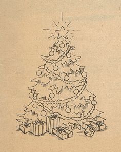 a drawing of a christmas tree with presents under it