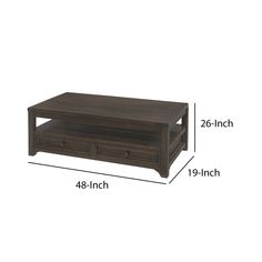 the coffee table has two drawers on each side and one drawer is open, with measurements for