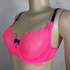 Are You Tired Of Boring Beige Bras That Look Like They Belong In Your Grandma's Underwear Drawer? Well, Have No Fear Because This Hot Pink Bralette Is Here To Save Your Lingerie Game! With Its Delicate Lace And Deep Blue Accents, You'll Feel Like A Mermaid Princess Who Just Emerged From The Sea. And Don't Let The Lack Of Lining Fool You - This Bralette Packs A Punch With Its Underwire Support. So Go Ahead And Treat Yourself To Some Flirty And Functional Lingerie That's Sure To Make You Feel Like Party Pink Bra With Padded Cups, Pink Underwire Bra For Party, Pink Padded Party Bra, Pink Party Bra With Lined Body, Pink Lined Bra For Party, Fitted Pink Bra For Night Out, Pink Underwire Bra For Night Out, Victoria's Secret Pink Lined Bra, Pink Lined Bra For Night Out