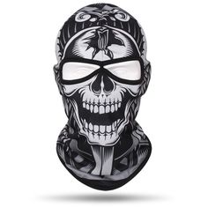 Introducing the Skull Balaclava Full Face Mask! This unique mask is perfect for anyone who loves skiing, snowboarding or riding a motorcycle. The mask covers your entire face and head, providing maximum protection from the cold, wind, and sun. The lycra material is stretchy and comfortable, and the free size ensures a perfect fit for everyone. The bold print makes this balaclava stand out from the rest, and the helmet-compatible design means you can wear it under your helmet for even more protec Halloween Balaclava Mask For Streetwear, Halloween Streetwear Balaclava Mask, Halloween Full Face Protection Mask, Full Face Halloween Protection Mask, Black Windproof Balaclava For Protection, Black Breathable Balaclava Mask, Breathable Black Balaclava Mask, Black Balaclava For Snowboarding, Black Full Face Balaclava For Protection