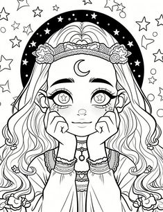 a girl with long hair and stars on her head is holding her hand up to her face