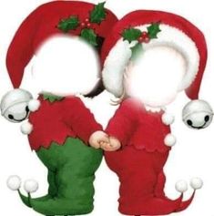 two children dressed up as santa and elfs with their hands in each other's pockets