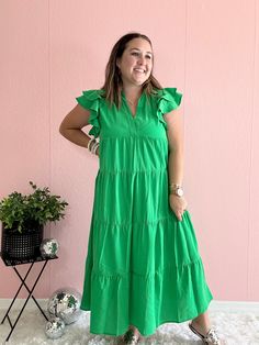 kelly green flutter sleeve dress Green V-neck Ruffle Dress For Brunch, Spring Tiered Ruffle Dress, Green Maxi Dress With Ruffle Hem For Vacation, Green V-neck Ruffle Dress For Summer, Green Summer V-neck Ruffle Dress, Spring Solid Color Tiered Dress With Ruffles, Green Knee-length Ruffle Dress For Summer, Green Knee-length Midi Dress For Vacation, Green Midi Dress With Ruffle Hem For Beach