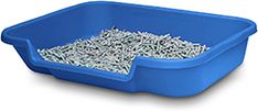 a blue plastic litter box filled with lots of silver flakes