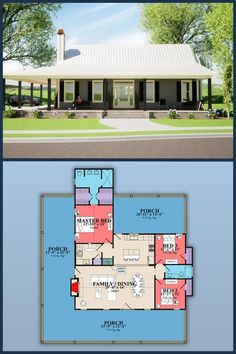 the floor plan for this ranch house is shown in two different colors and features an attached porch