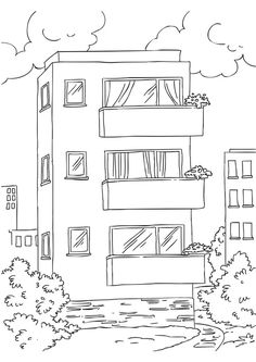 a black and white drawing of an apartment building