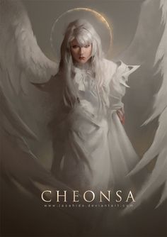 an angel with white hair and wings standing in front of a dark background that says cheonsa