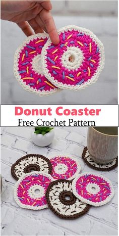 crocheted donut coasters with pink and white sprinkles