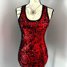 Super Cute Top. It Could Be Wear During The Summer Or In The Winter With A Black Blazer. Trendy Red Tank Top For Party, Red Fitted Tank Top For Party, Trendy Red Tank Top For Night Out, Red Stretch Tank Top For Party, Stretch Red Tank Top For Party, Red Fitted Top For Party Season, Sequin Tank, Sequin Tank Tops, Rue 21