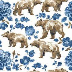 a blue and brown bear with flowers on it's back wallpaper is shown