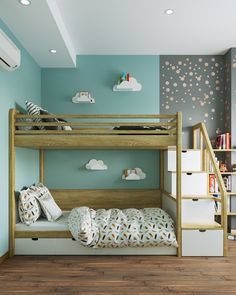 a bunk bed in a child's bedroom with blue walls and wooden flooring