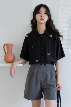 Butterfly Embroidered Button Up Shirt – Tomscloth Casual Embroidered Collared Shirt, Black Embroidered Collared Shirt, Embroidered Black Collared Shirt, Casual Embroidered Collared Tops, Black Collared Shirt With Floral Embroidery, Black Embroidered Button-up Shirt, Casual Collared Blouse With Floral Embroidery, Spring Black Embroidered Shirt, Black Embroidered Shirt For Spring