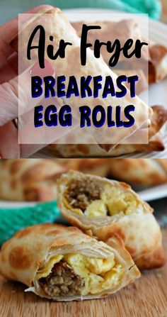 an air fryer breakfast egg rolls on a white plate with the title above it