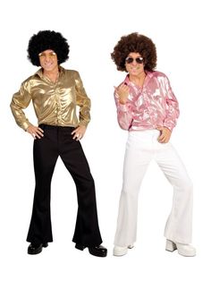 two men dressed in disco clothes standing next to each other