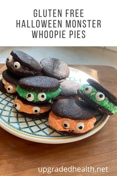 some cookies with googly eyes are on a plate and the words gluten free halloween monster whoopie pies